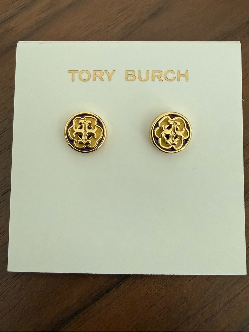 Tory Burch Gold and Black Logo Stud Earrings